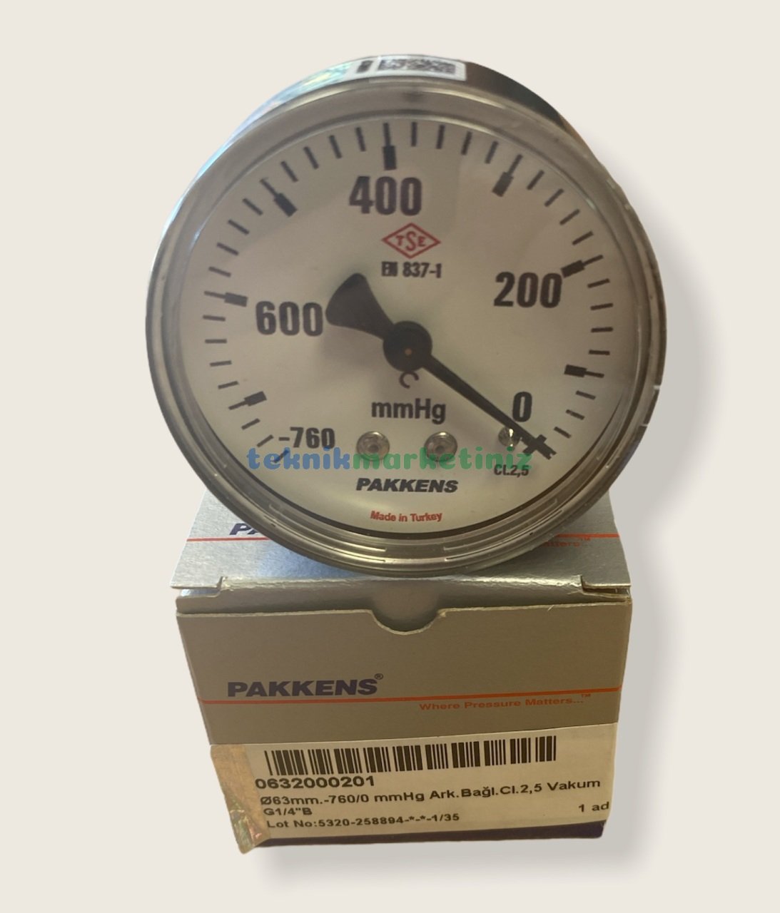 Ø63mm -760 mmHg Arkadan Bağlantılı Kurutip G14'' Vakummetre, Vakum Göstergesi CL2,5 PAKKENS